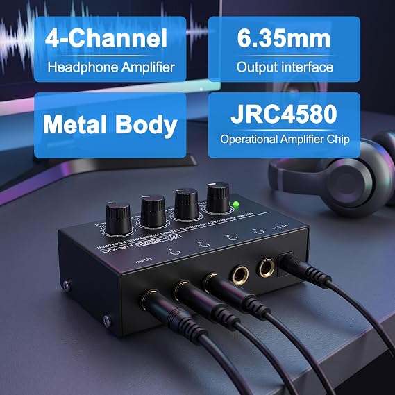 4 Channel Headphone Amplifier, Mini Metal Stereo Audio Amp with 1/4 TRS Input & 4 TRS Outputs, 12V Power Adapter, Portable Headphone Splitter Amplifier for PC, Guitar, Studio, Stage
