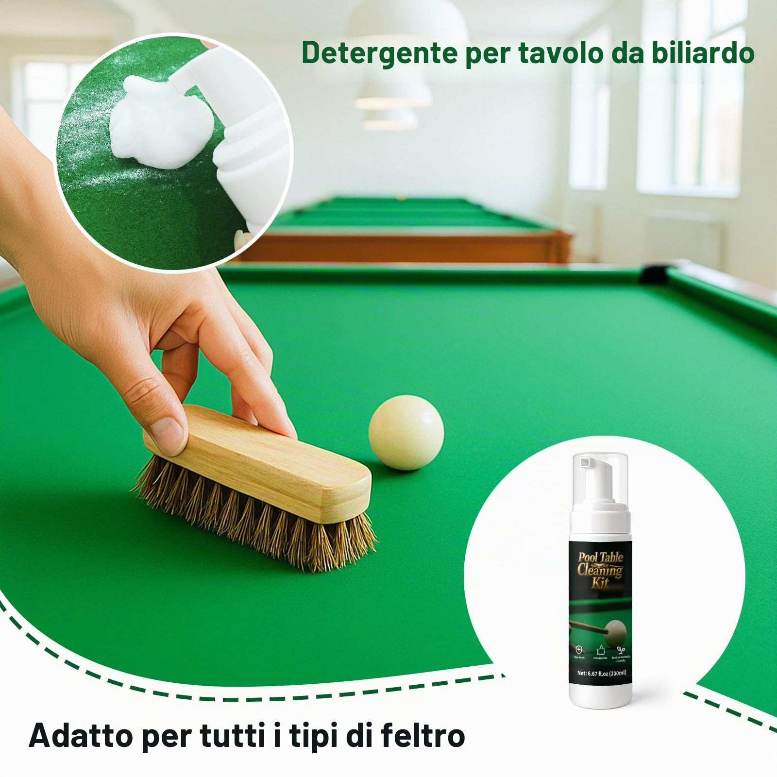 Kit per la pulizia del tavolo da biliardo, potente detergente per eliminare rapidamente gesso e macchie, ripristina la morbidezza del feltro, con spazzola per tavolo da biliardo e guanto antistatico