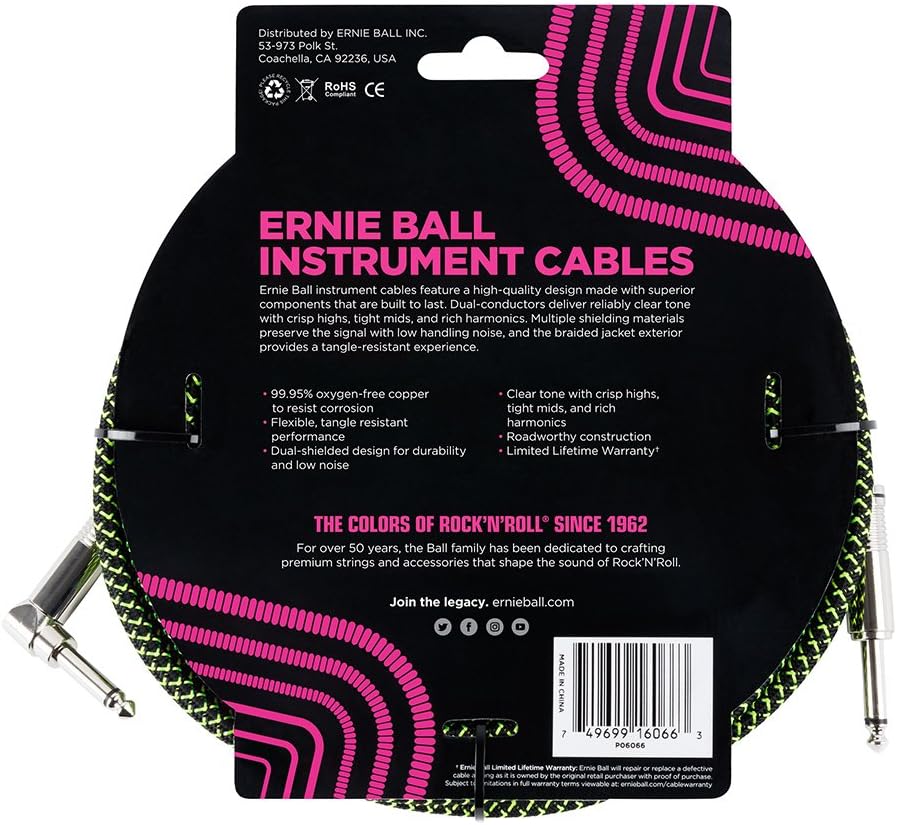 Ernie Ball Braided Instrument Cable, Straight/Angle, 25ft, Neon Green/Black (P06066) image 2