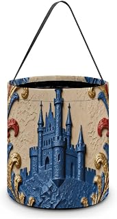 Reusable Castle Pattern Halloween Candy Basket with Handle | Lightweight Trick or Treat Bag, Portable Candy Bucket, Treat Pail Holder, Party Favor Supply for Chocolate Cookie Snack Toy