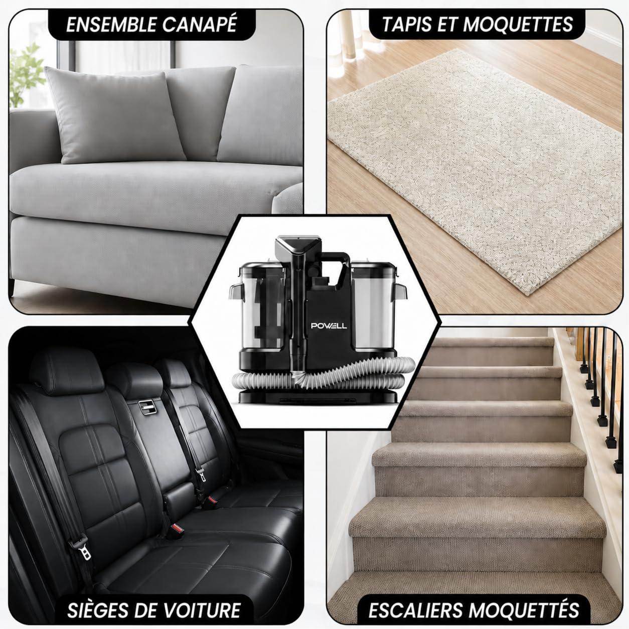 Powell Nettoyeur Vapeur Shampouineuse – 450W Aspirateur Voiture Portable pour Tapis, Canapés, Matelas et Moquette | Réservoir 1,8L Nettoyant Injecteur pour Canapé, Tissu, et Voiture – Noir