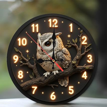 Vintage Owl Wall Clock with LED Style Effect Design 10 Inch Wooden Wall Clock, Silent Movement item