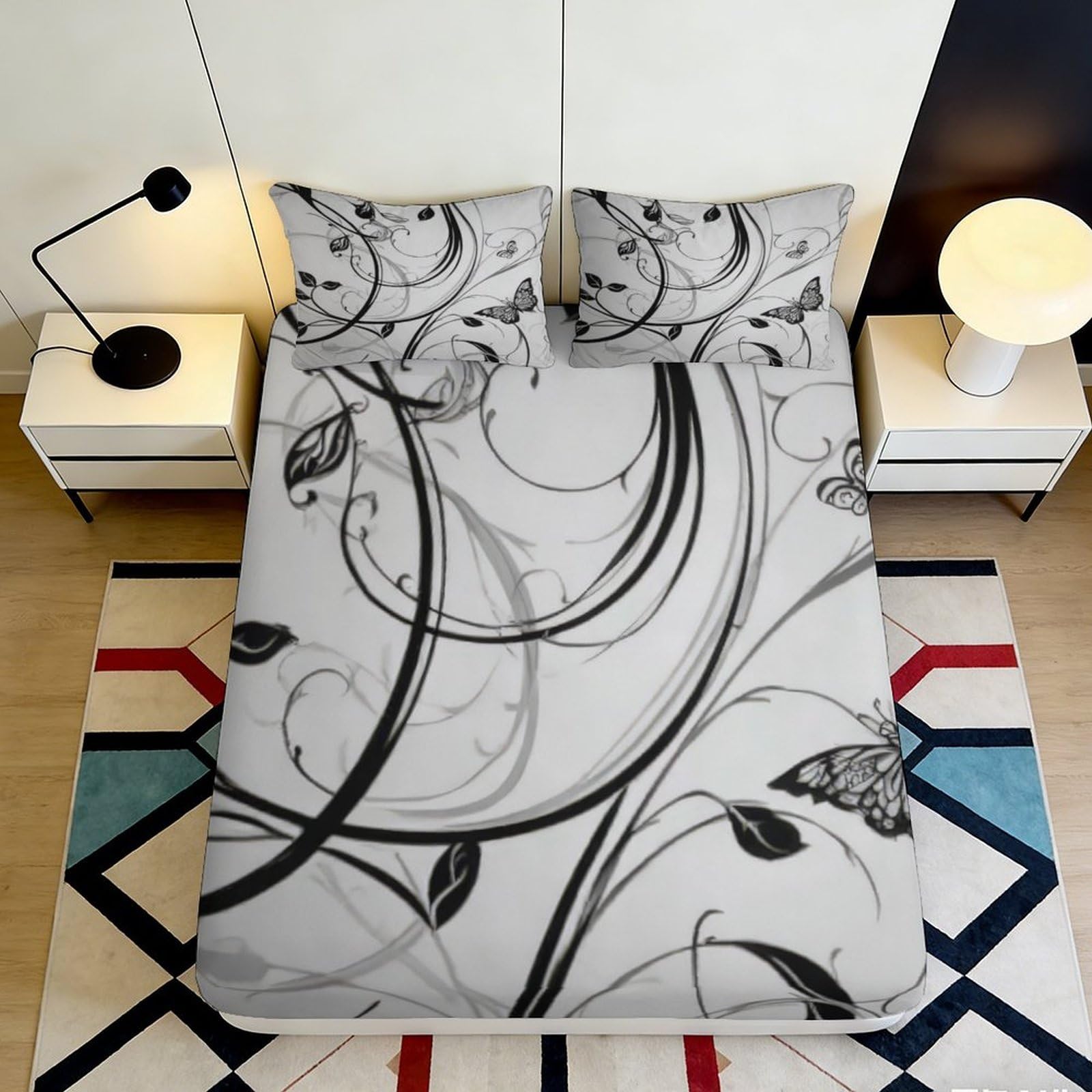 Pnayamiorkfel Style-9 3D Printed Black White Floral Fitted Sheet Microfiber Soft Breathable Butterfly Bed Cover For Bedroom Guest Room 90X200x25cm