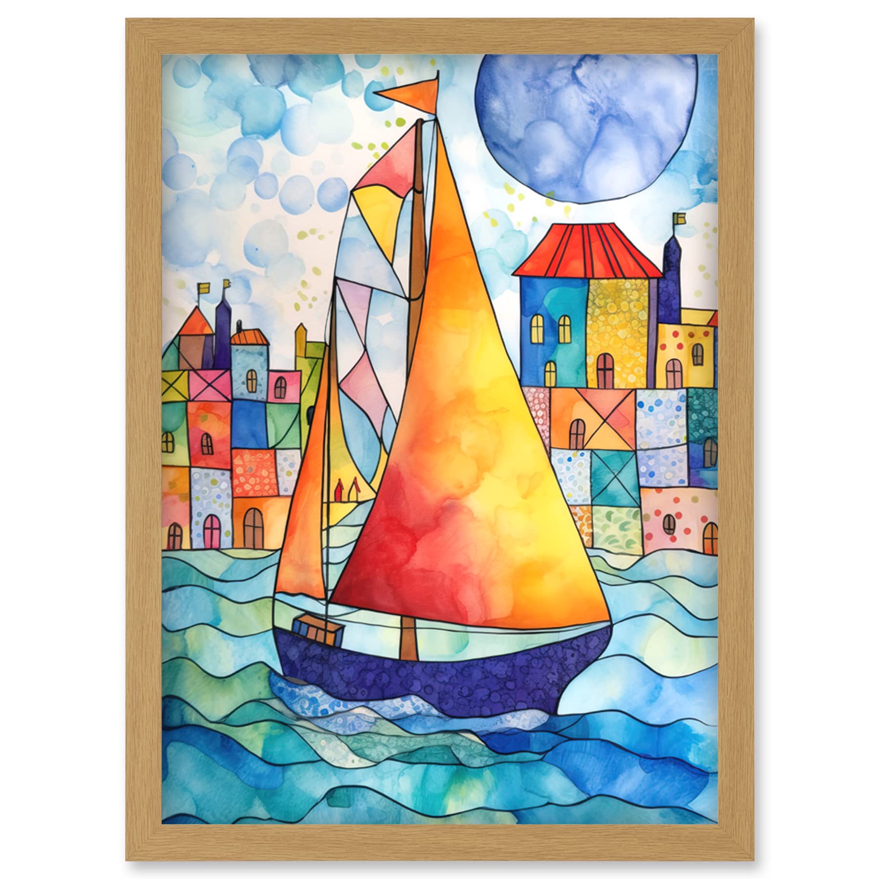 Artery8 Sailboat By Harbour Folk Art Artwork Framed Wall Art Print A4