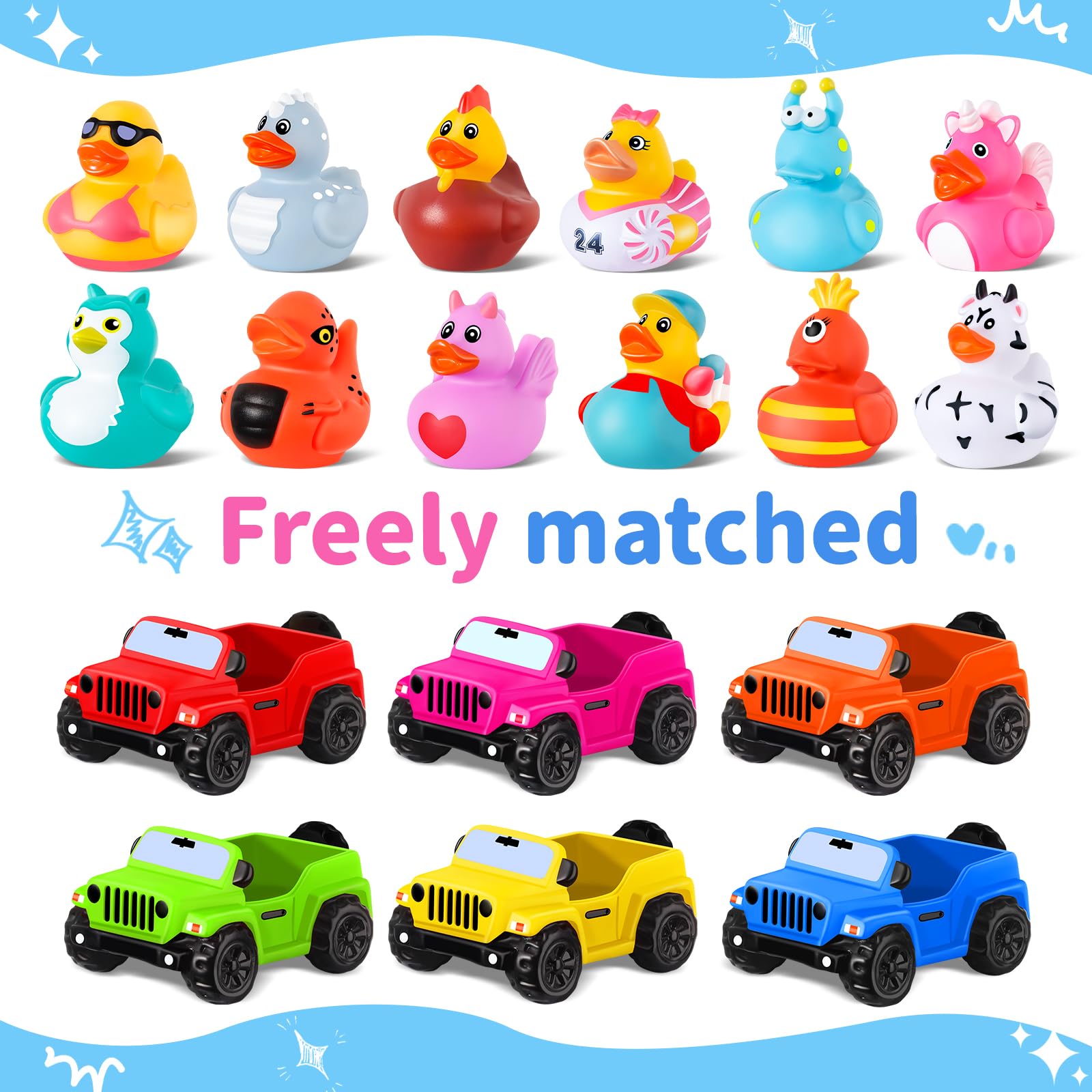 24 Pcs Jeep Ducks Rubber Ducks, 3.5 Inch Jeep Ducks for Ducking, Jeeps Suitable for 2 Inch Ducks, 12 Rubber Ducks Assortment with 12 Jeeps, Baby Bath Toy Gifts Party Favors, Summer Party Favor Gifts
