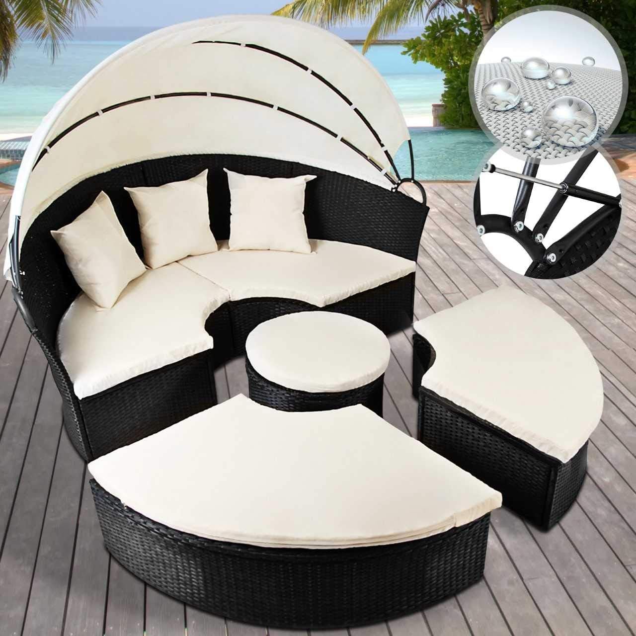 Miadomodo Rattan Sun Lounger Ø 180 cm (Choice of Colours) Height Adjustable Sun Day Bed with Table Garden Furniture Set (Black)