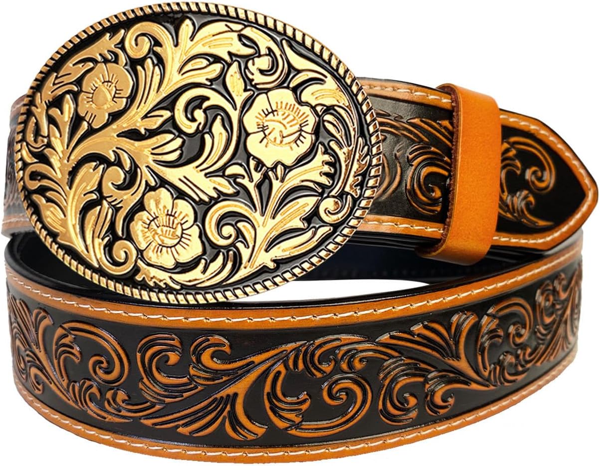 TOPACC Western Belts for Women Men Cowgirl Cowboy Embossed Engraved Tooled Leather Belt Rodeo Country Jeans