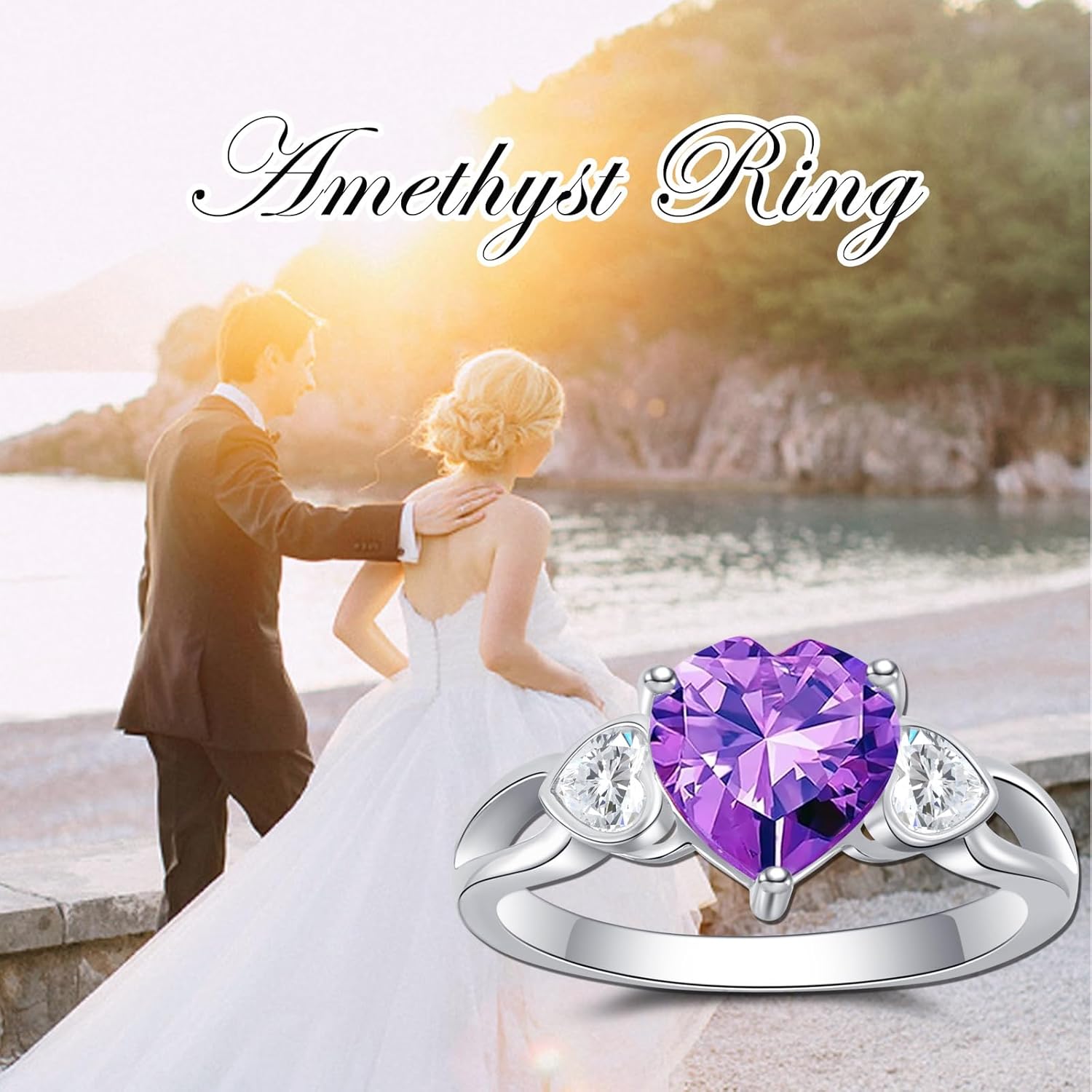 Amethyst Ring for Women 925 Sterling Silver Heart Purple Amethyst Engagement Promise Ring for Mom Wife Her