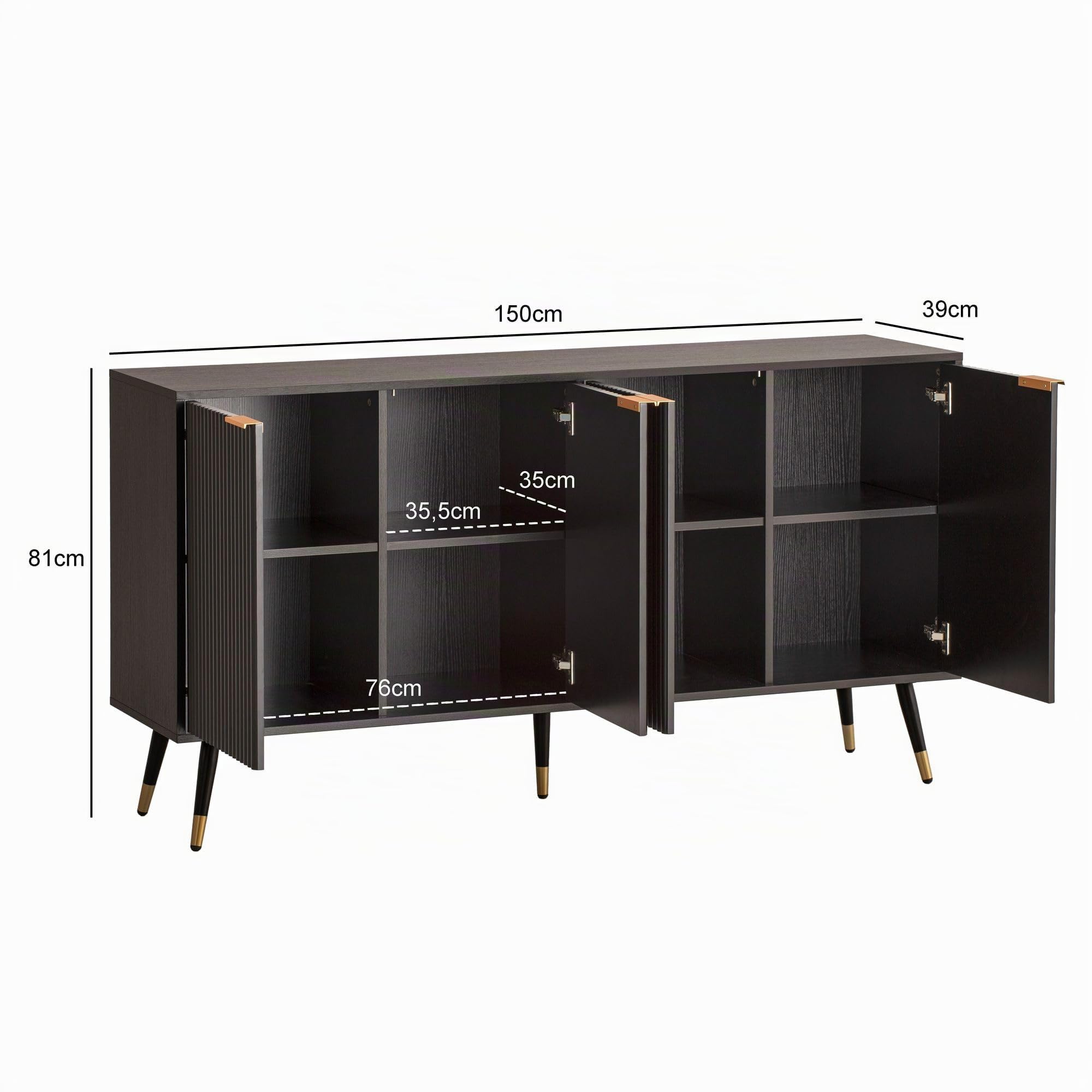 FineBuy Sideboard 150x39x81 cm Schwarz Eiche-Dekor mit Türen