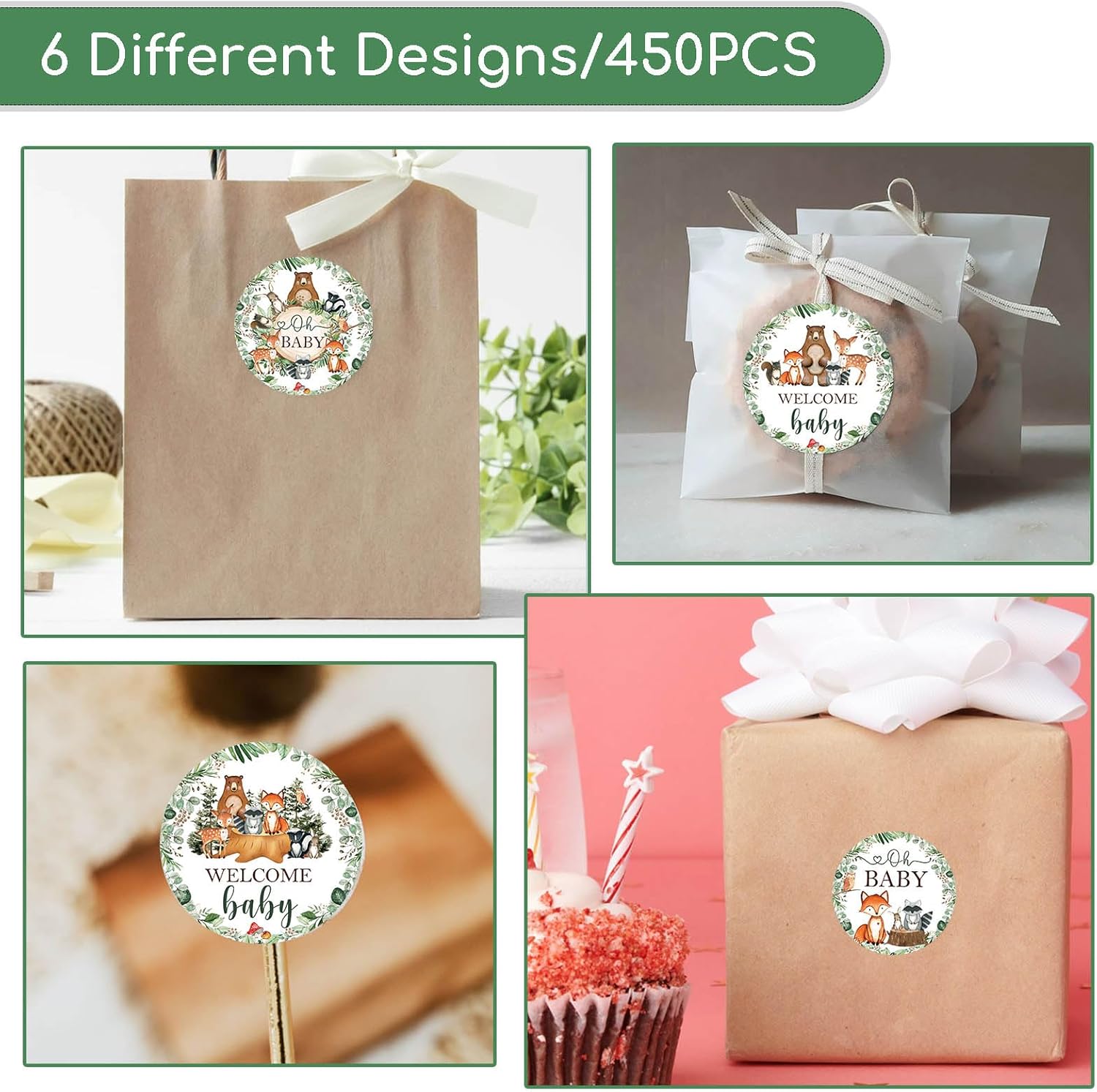 Woodland Baby Shower Favors Stickers, 450PCS Greenery Forest Animals Chocolate Kisses Candy Stickers, Baby Shower Candy Labels - Image 4