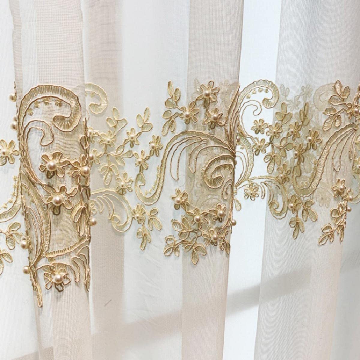Luxus-Perlen bestickte Tüllvorhänge für Wohnzimmer, Blumen, Seil, Stickerei, Gaze, Fenstervorhänge für Schlafzimmer, beige Tüll, 1 Stück B 600 x H 260 cm, Stoff (kein Nähen)