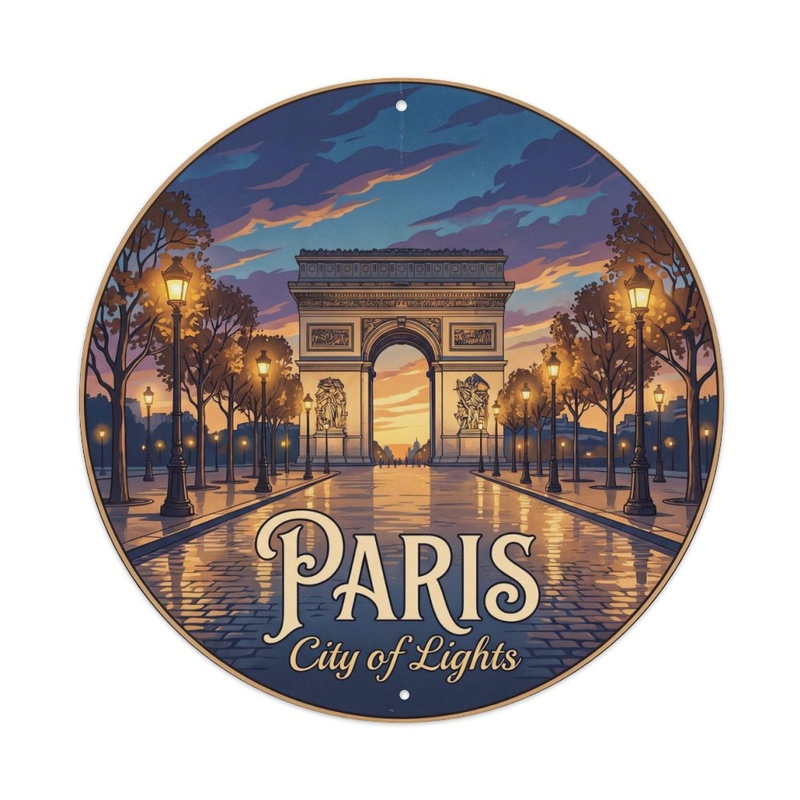Vintage Travel Paris Lights Monument Metal Tin Sign Plaque Wall Decor for Cafe, Club, Garden Round Metal Poster 8x8Inch
