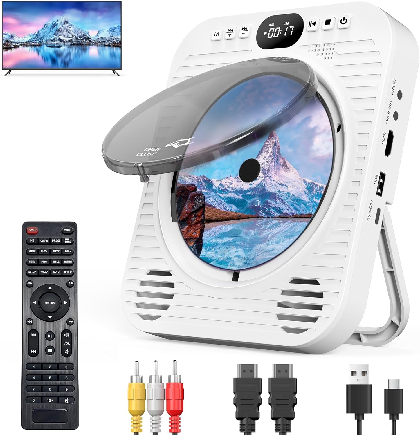 Mini CD DVD Player for TV – Bluetooth CD/DVD Player with HDMI AV Cables, Built-in Speakers, USB & AUX Playback, 1080P Video Output, Wall-Mountable Compact Home Entertainment System