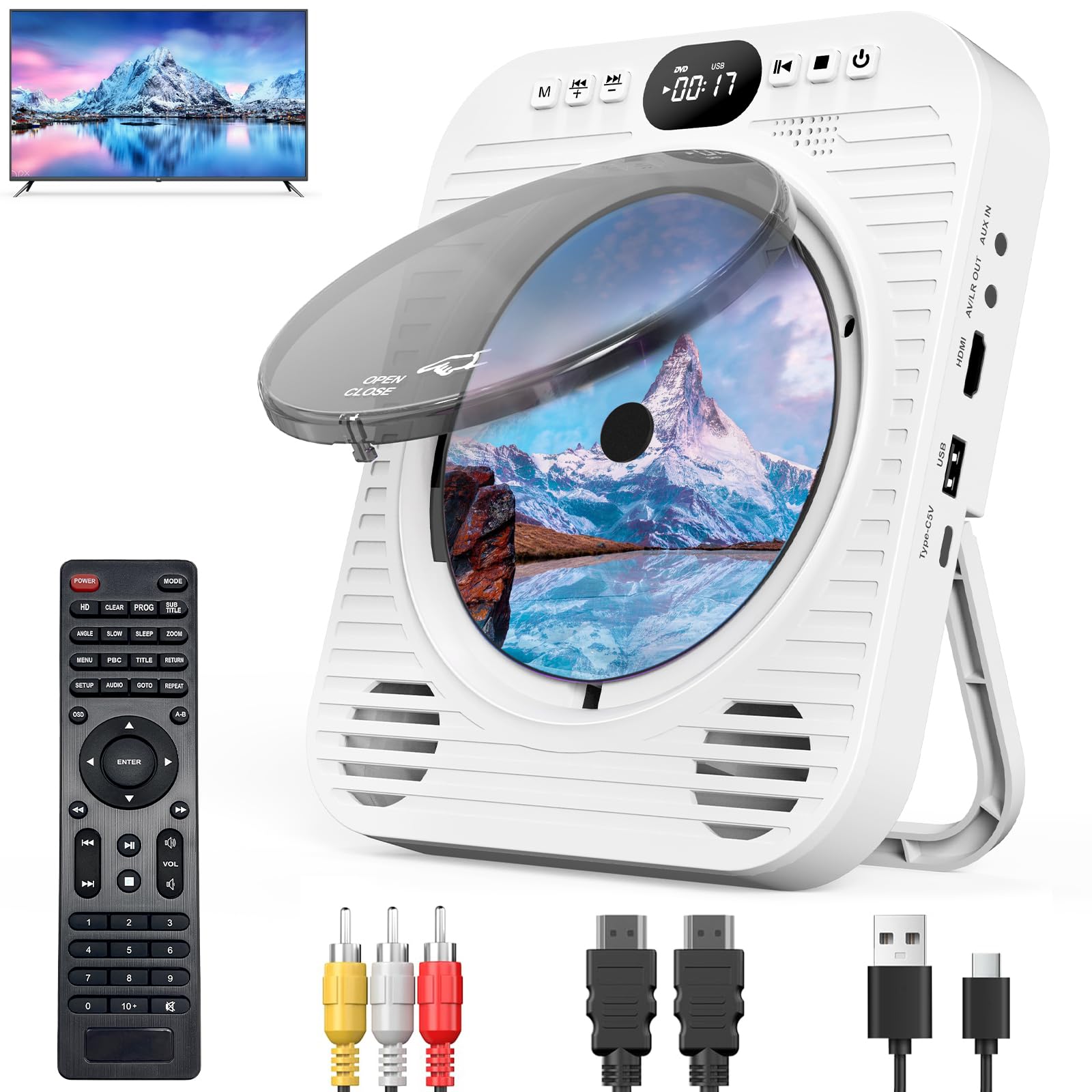 Mini CD DVD Player for TV Bluetooth CD DVD Player with HDMI AV Cables Built-in Speakers USB AUX