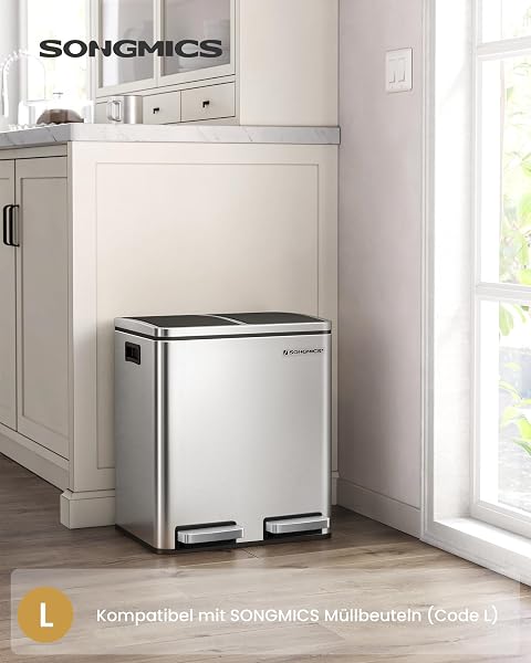 SONGMICS Mülleimer Küche, 2 x 15 Liter, Mülltrennsystem 2 Fächer, inklusive 15 Müllbeutel, Abfalleimer, Treteimer, recycelbare Abfälle, Biomüll, Softclose-Deckel, metallicsilber-tintenschwarz LTB30H - 3