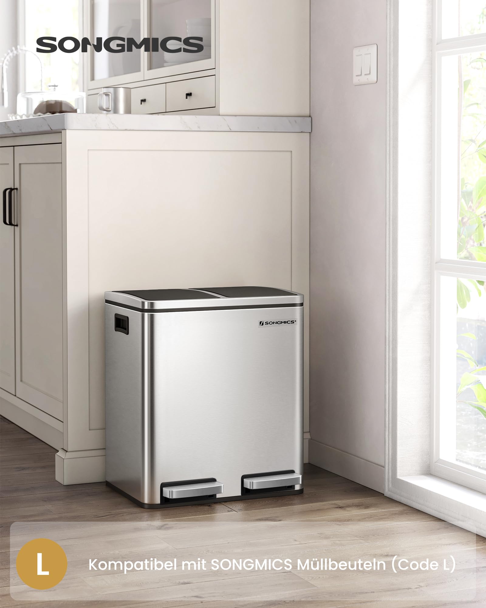 SONGMICS Mülleimer Küche 2 x 15 Liter Mülltrennsystem 2 Fächer Softclose-Deckel metallicsilber-tintenschwarz LTB30H