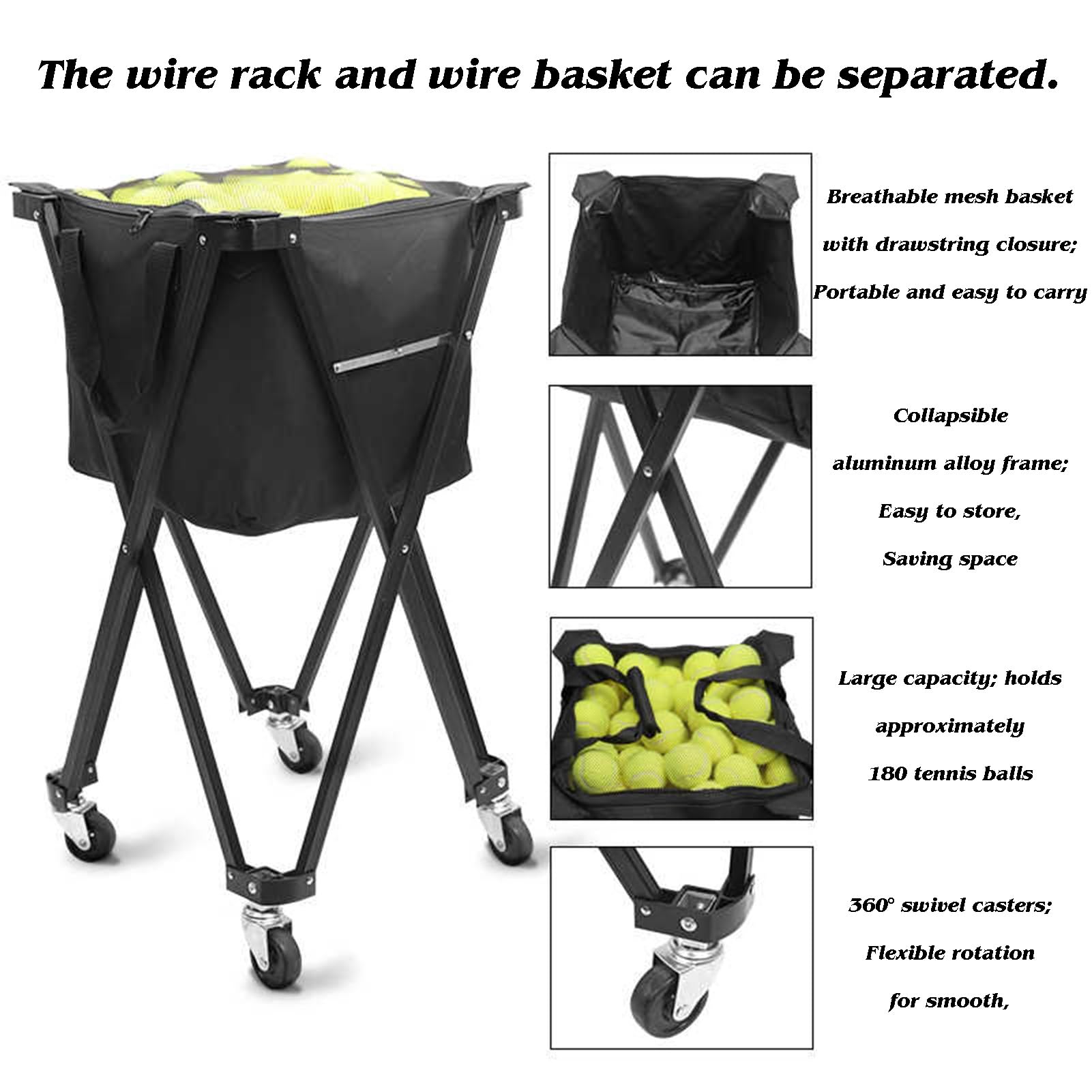 Genérico Carro Plegable For Tolva De Pelotas Tenis con Bolsa Extraíble For