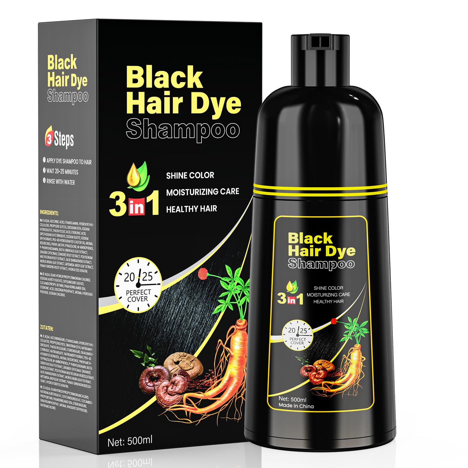 Schwarzes Haarfärbe black hair dye shampoo 3 in 1 Haarfärbe shampoo für Frauen & Männer für graue Deckung für sofortige & pflanzliche