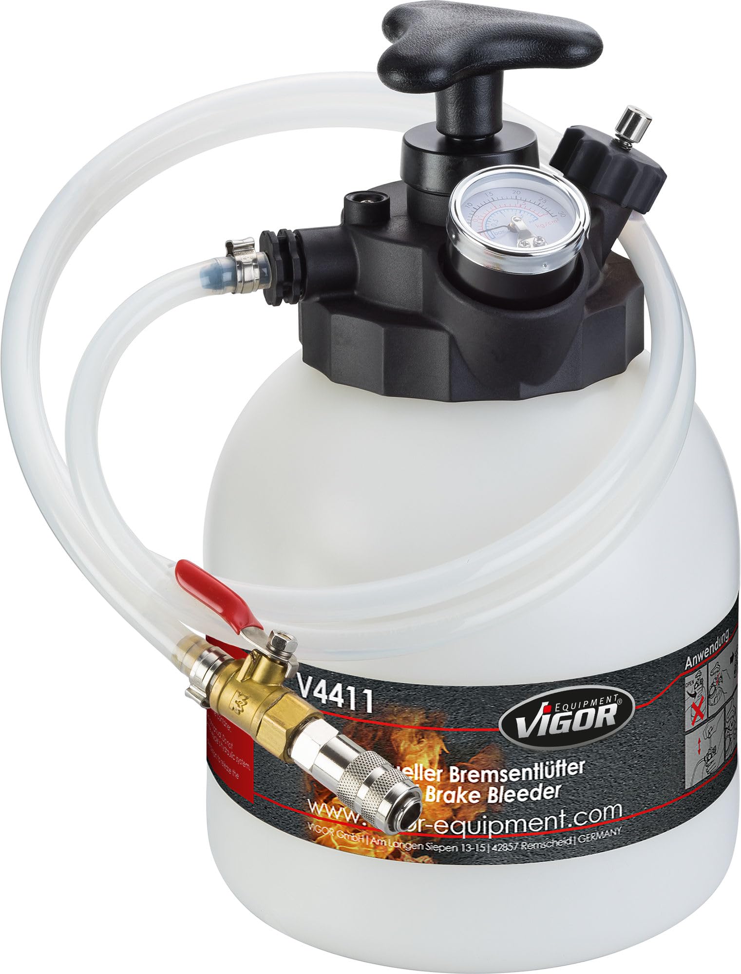 Set di spurgo freni ViGOR V4411,Pressione d'esercizio: max 1,4 bar, campo del manometro: 0 2 bar, serbatoio da 3 litri, Spurgo di sistemi frenanti e frizione con valvola di rilascio