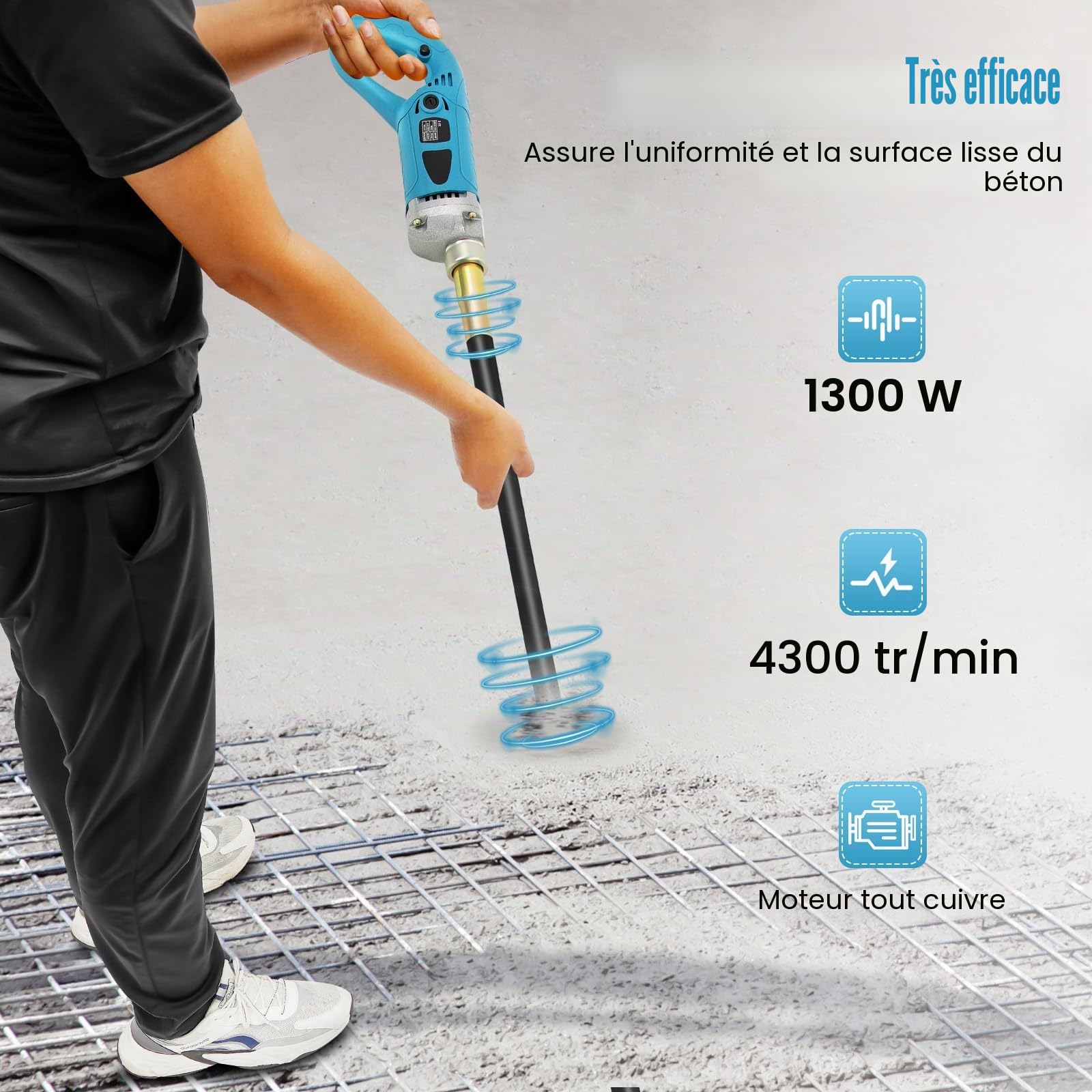 Vibrateur à béton, 850 W/1300 W bétonnière, vibrateur pour ciment, vibrateur pour carrelage, avec tuyau, tuyau de 1,5 m (1300 W)