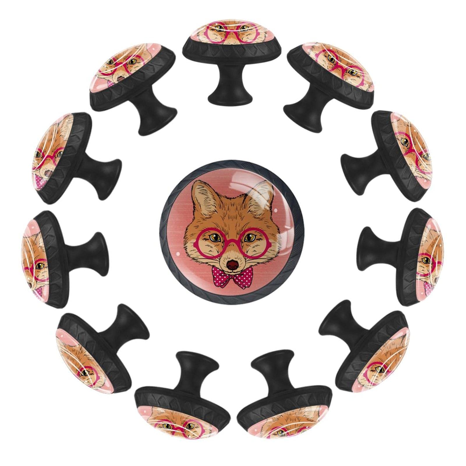 Boutons de meuble renard hipster noir lot de 12 poignées de tiroir rondes en verre pour placard