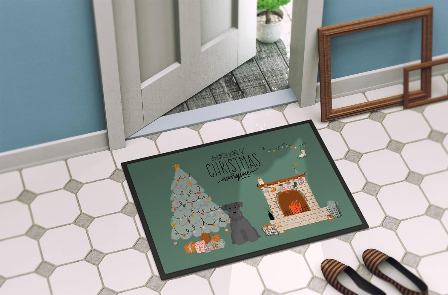 Caroline's Treasures CK7614MAT Black Miniature Schnauzer Christmas Everyone Doormat 18x27 Front Door Mat Indoor Outdoor Rugs for Entryway, Non Slip Washable Low Pile, 18H X 27W