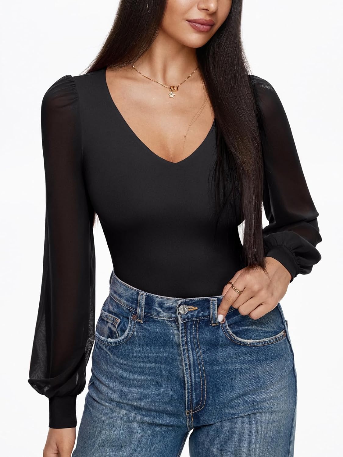 REORIA Womens Mesh Long Sleeve Bodysuit Double Lined V Neck Slimming Body Suits Sexy Cute Going Out Tops Shirts Fall Outfits - Image 2