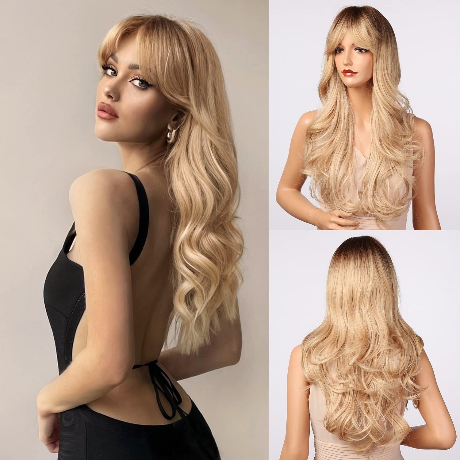 POLOSU Long Natural Wavy Wigs with Bangs for Women, Ombre Brown to Blonde Synthetic wig Dark Roots Heat Resistant Hair Natural Looking Wigs for Daily Halloween Party Cosplay
