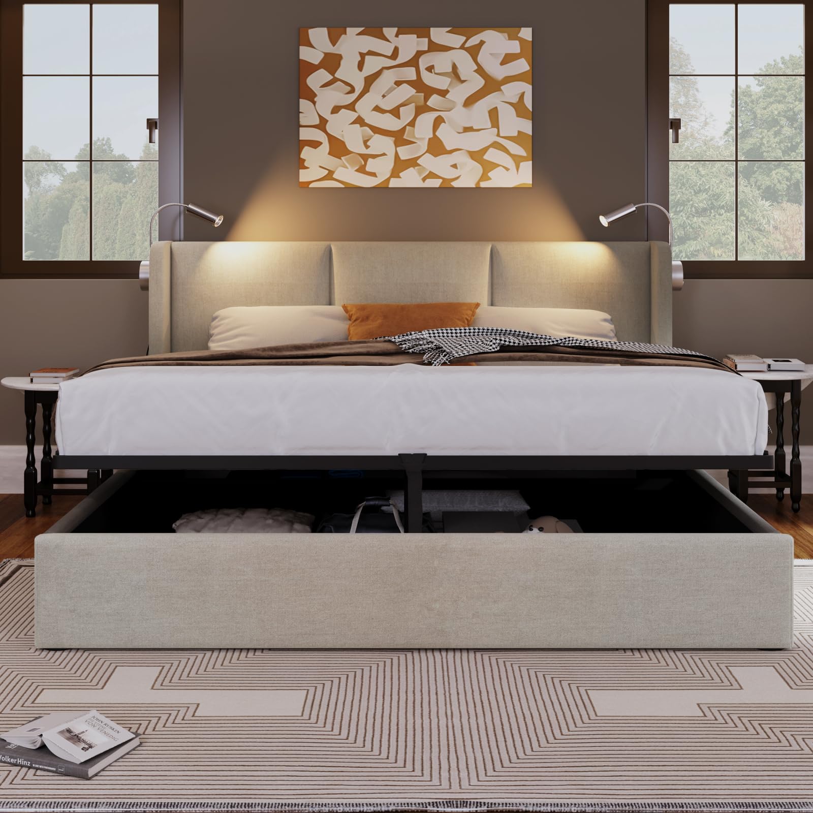 FEEOHOME Letto contenitore 160 x 200 cm, letto matrimoniale con vano contenitore idraulico e rete a doghe, Letti imbottito con luce di lettura per adolescenti e adulti, Lino beige