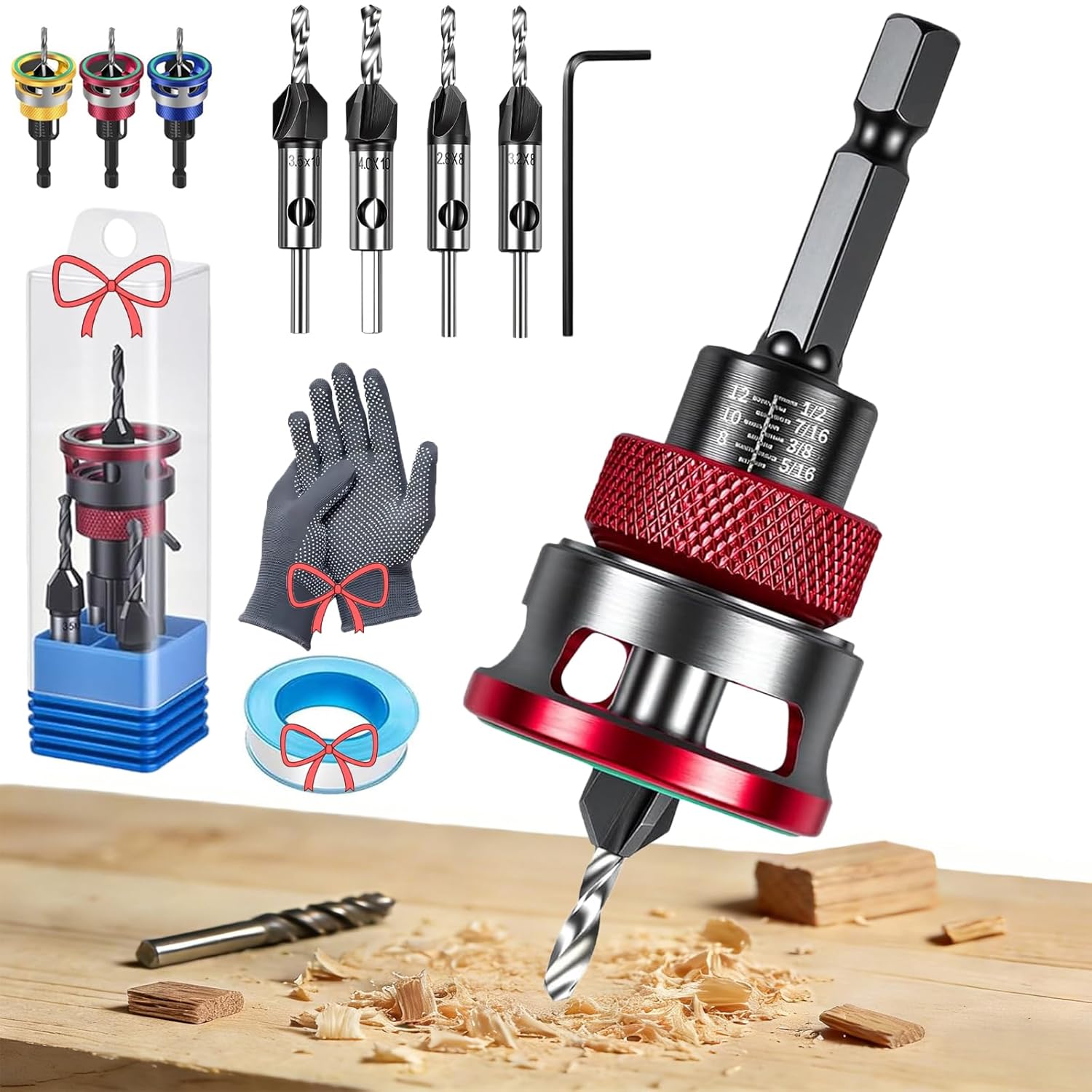 Two-Flute Counterbore with Adjustable Depth Stop, Countersink Drill Bit Set, 4PCS Four-Flute HSS M2 Tapered Drill Bits and Adjustable Depth Stop Collar with Controlled Depth for Clean (Red)