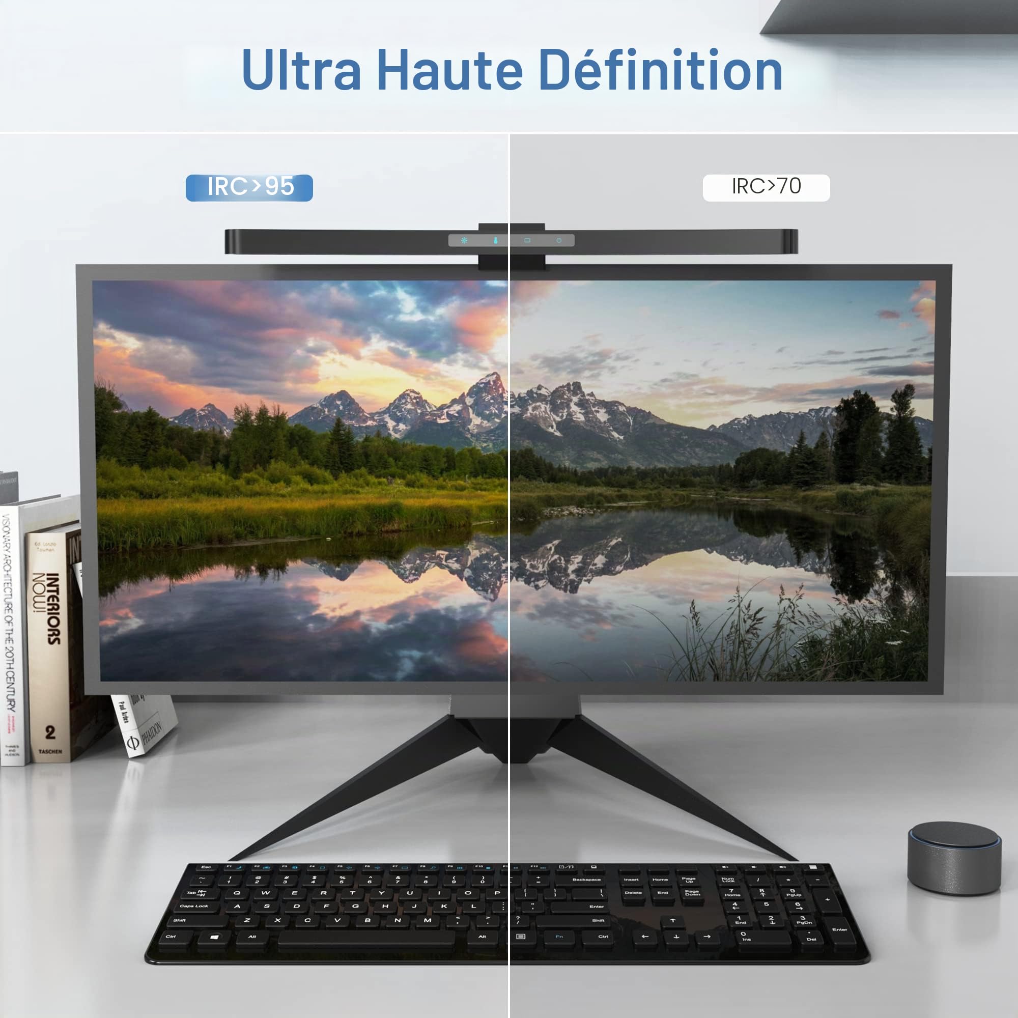 ONWAY Barre lumineuse incurvée avec télécommande sans fil, barre lumineuse avec gradation automatique et base de caméra, applicable à tous les écrans. Pas d'éblouissement d'écran, pour (basique)