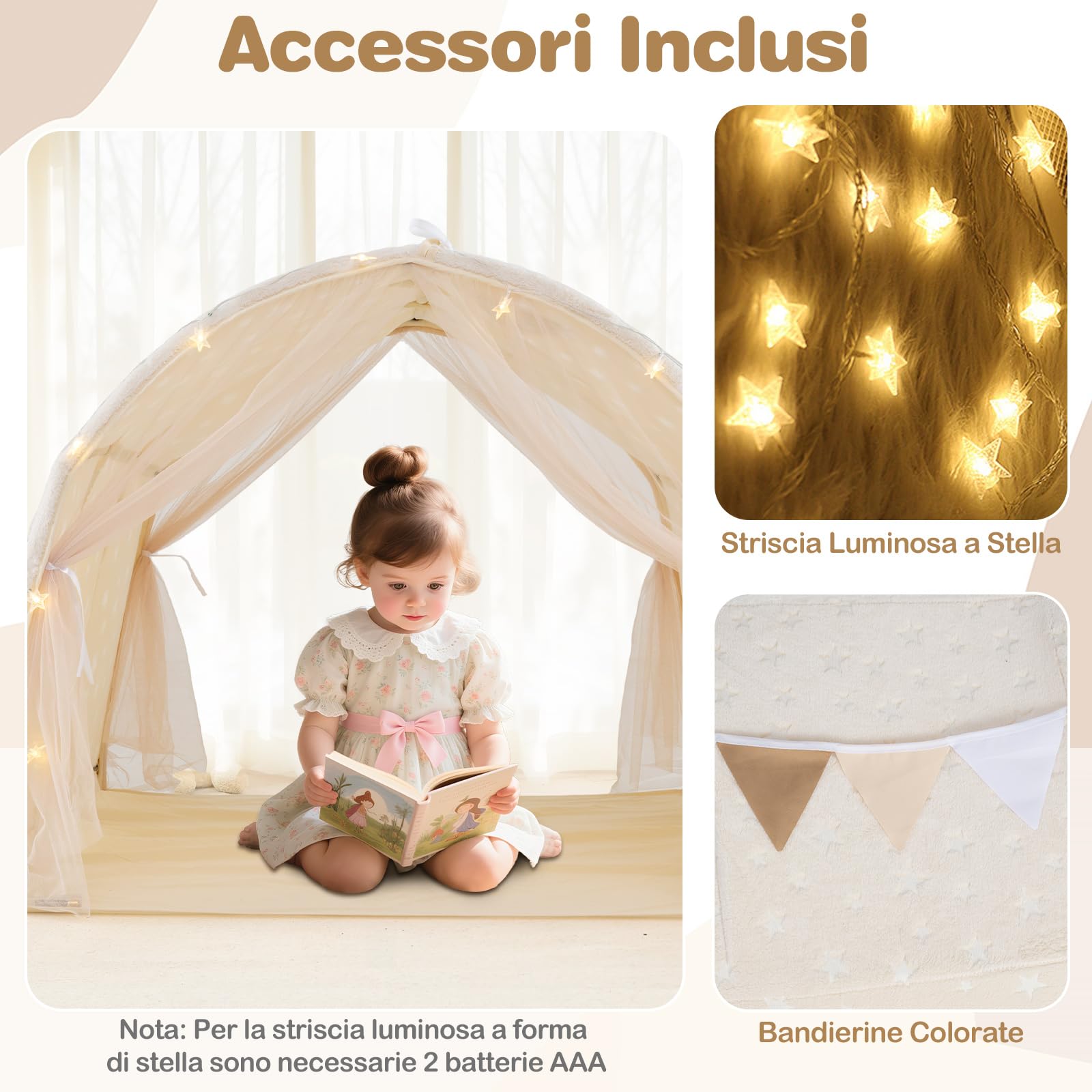 COSTWAY Tenda da Gioco per Bambini,Tenda Letto Cameretta con Stelle Luminose,Tende a Rete, Luci a Filo e Bandiere, Design Pieghevole, per Bambini 3+ Anni, 137 x 101 x 82 cm