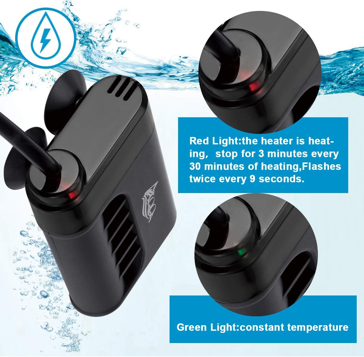 AQQA Mini Submersible Aquarium Heater 15W,79℉(26℃) Constant Temperature Intelligent Automatic Heating,Small Fish Tank Heater with LED Light,for Freshwater and Saltwater (15W)