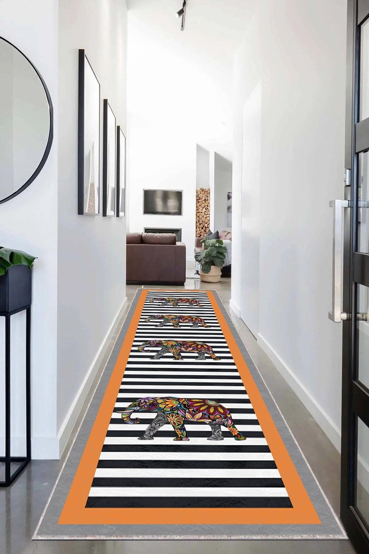 Pelangi Fil Desenli Etnik Dijital Baskı Yıkanabilir Modern Salon Filli Halı ve Yolluk (Turuncu), Turuncu 100 x 300, 955512221003007