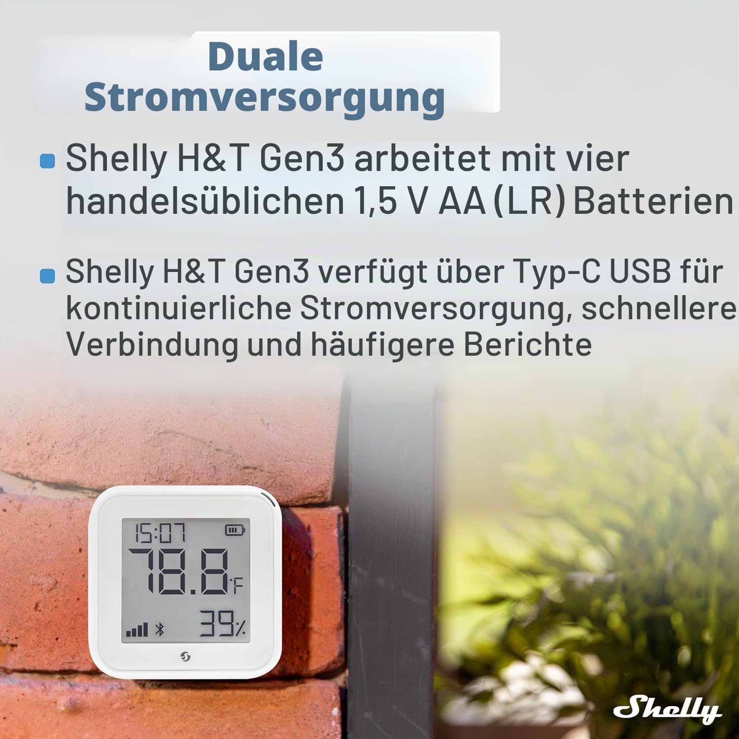 Shelly H&T Gen 3 Temperatur- und Feuchtigkeitssensoren, WLAN und Bluetooth, Hausautomatisierung, kein Hub erforderlich, lange Akkulaufzeit, Wandmontage