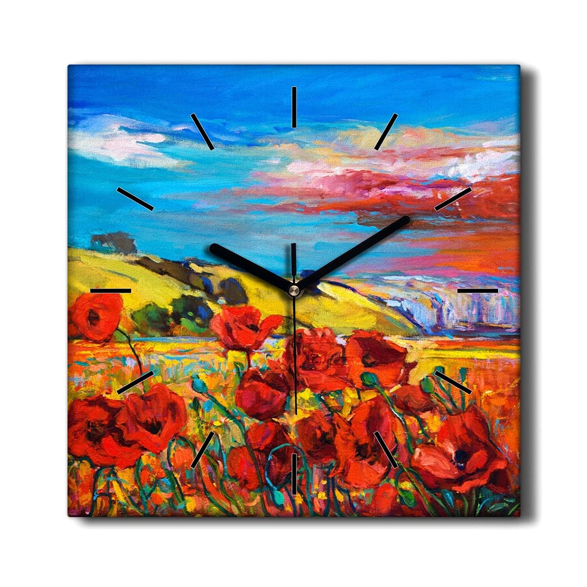 Horloge murale sans tic-tac 30x30 toile silencieuse décoration salon Ciel Fleurs