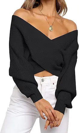 ZCSIA Women's Wrap V Neck Cropped Sweaters 2024 Fall Long Sleeve Cross Front Off Shoulder Solid Knitted Pullover Tops