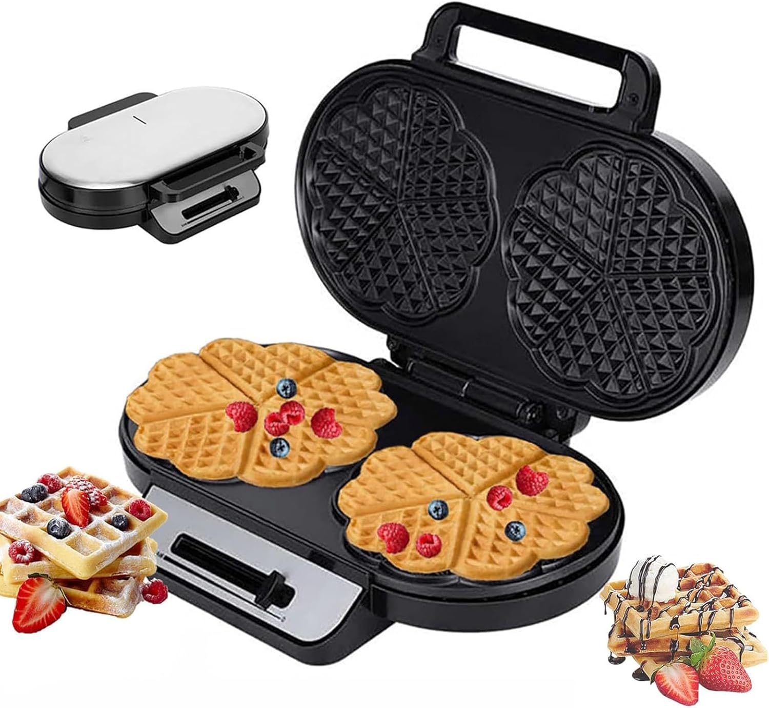 Double Heart Waffle Maker, 1200W Electric Non-Stick Waffle Iron, Compact Design with Temperature Control, Heat-Resistant Handle for Quick & Easy Breakfasts