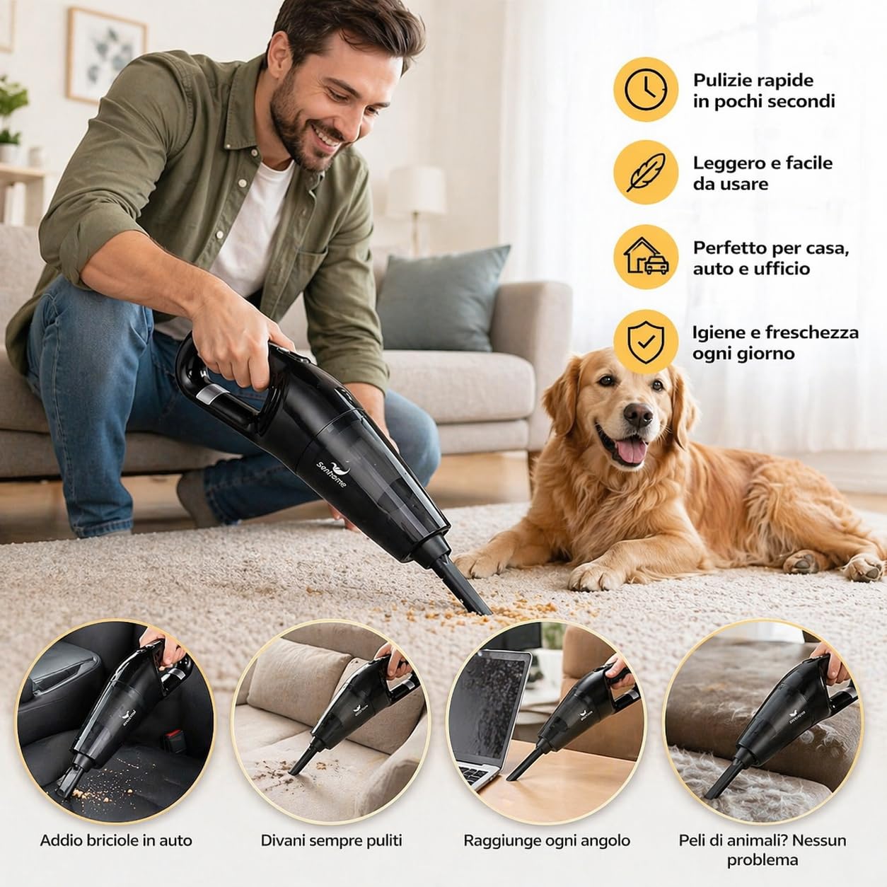 Aspirabriciole Senza Fili Ricaricabile - Pulizia Rapida di Cibo, Peli e Tappeti - Aspirazione Potente e Filtro Hepa Lavabile - Batteria 2000 mAh, Serbatoio 350 ml, Accessori e Borsa Inclusi