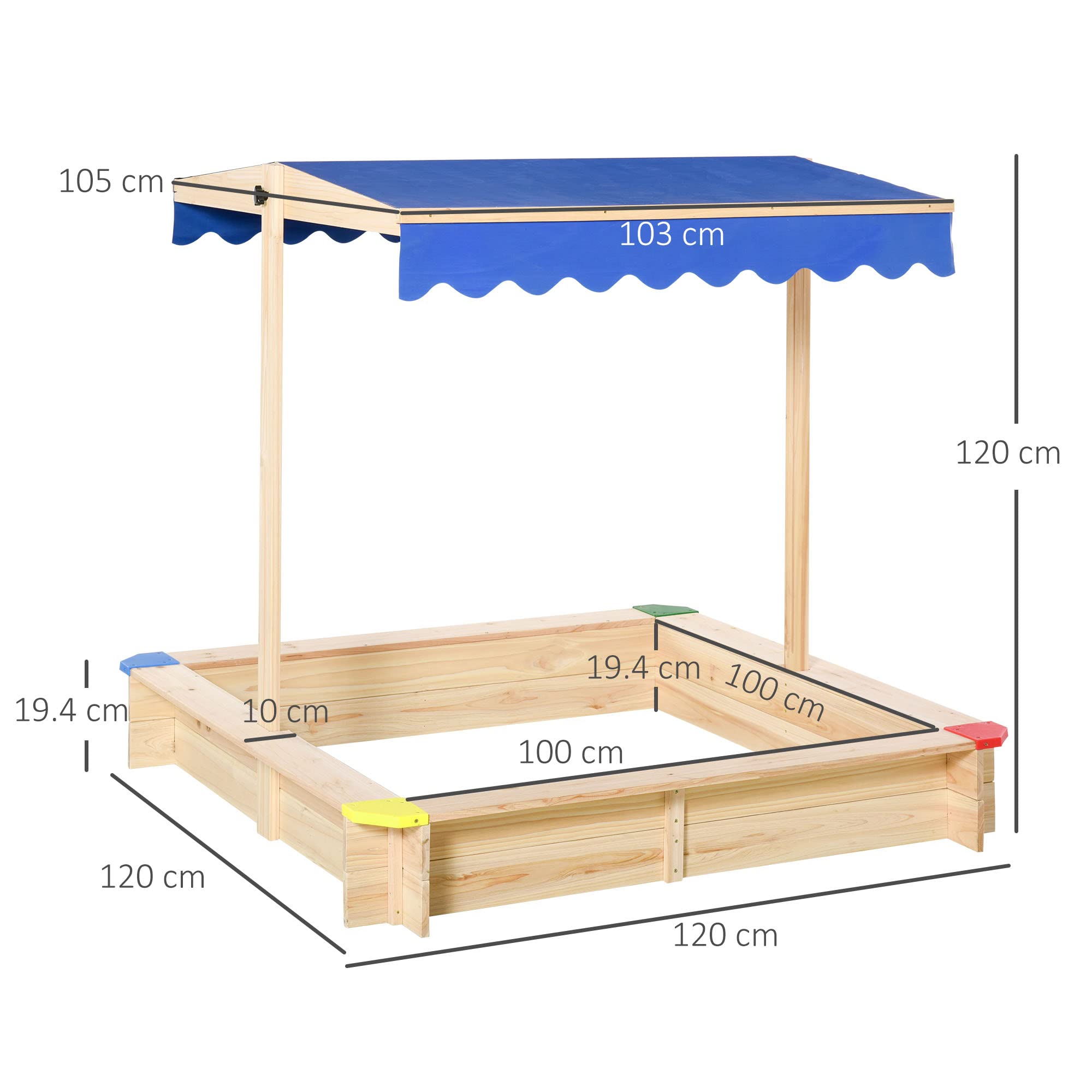 Outsunny Sabbiera per Bambini in Legno con Panca e Tettuccio Parasole Regolabile, 120x120x120cm, Colore Legno e Blu