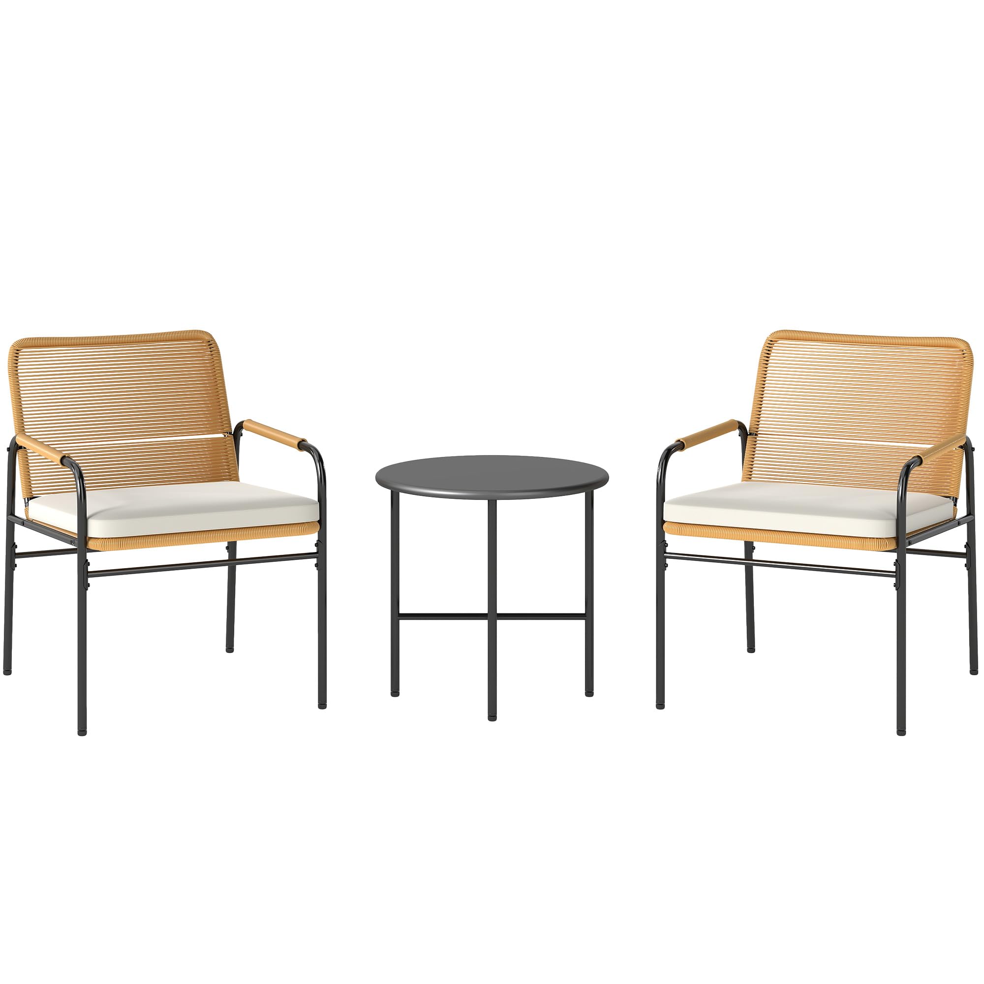 Outsunny Conjunto de Jardín Exterior de 3 Piezas Muebles de Jardín con 2 Sillas con Cojines Lavables Extraíbles y Mesa de Terraza con Tablero Metálico Resistente para Patio Balcón Natural y Crema