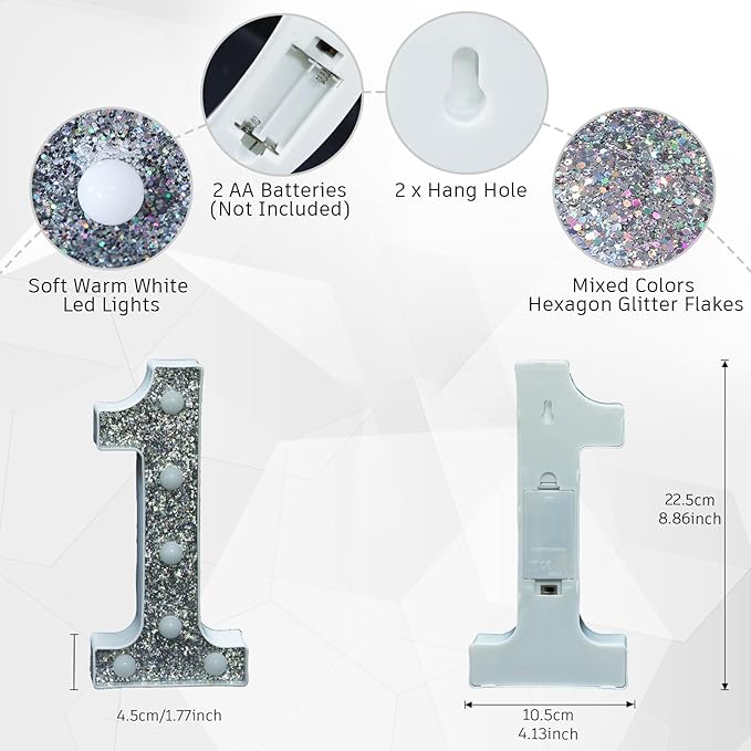 NWLIGHT Light Up Letters, Marquee Light Letters for Table Decorations, Glitter Light Up Signs for Prom, Events, or Engagement Party Decor, Featuring Alphabet & Number Lighted Letters, Number 1 photo 2