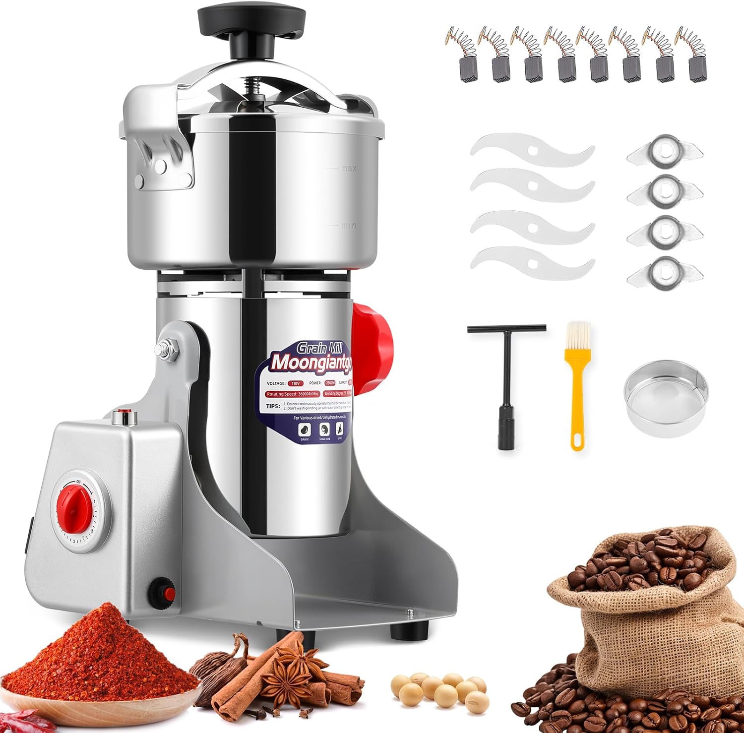 Moongiantgo Upgraded Spiral Seal Grain Mill Grinder Electric 800g 2500W High Speed Spice Grinder Pulverizer Dry Grinding Machine for Dry Cereal Bean Corn Wheat Herbs, with 4 Set Blades (800g, 110V)