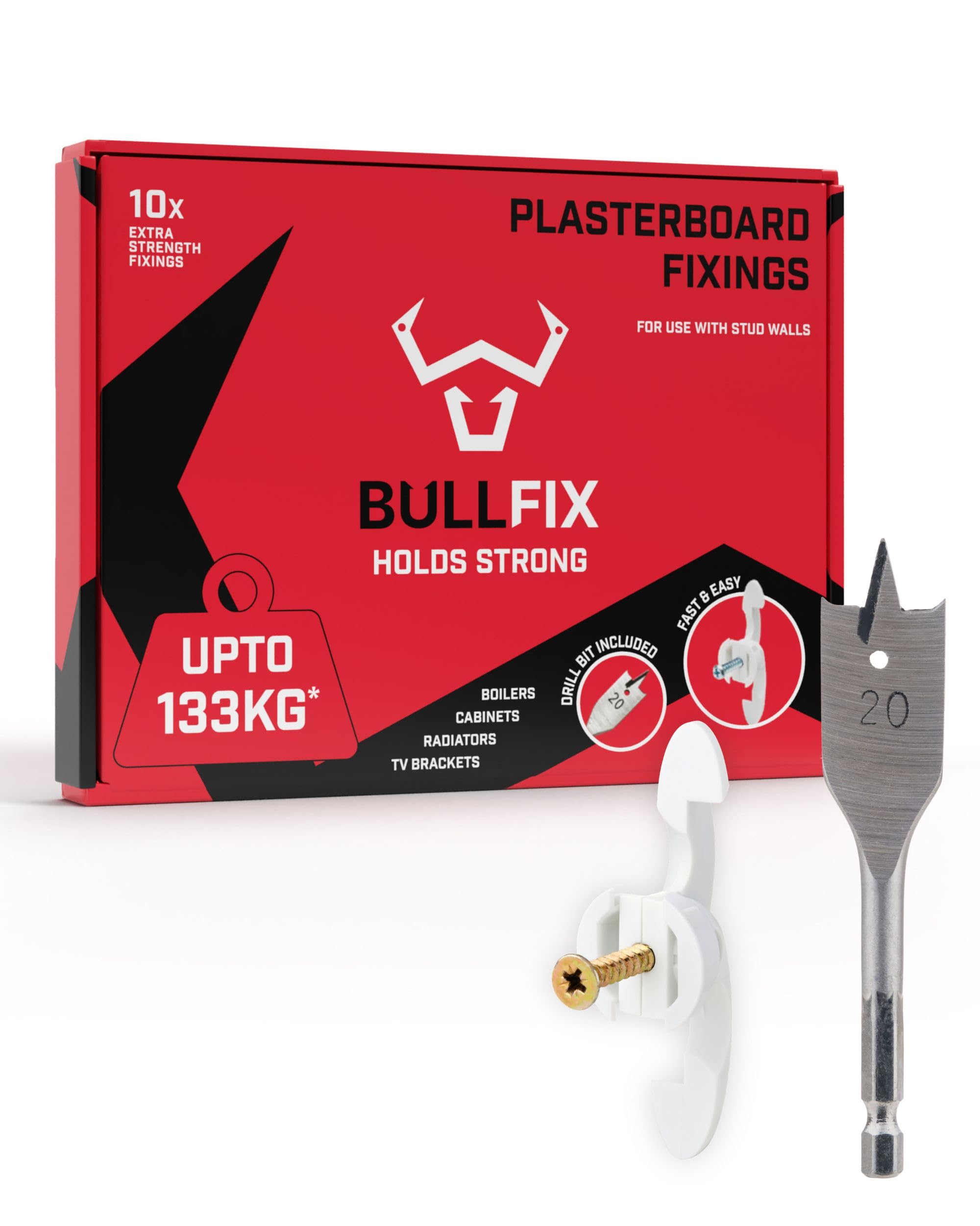 Bullfix Extra Plasterboard Fixings Heavy Duty Pack - Drywall Anchor for Insulated Plasterboard, Stud & Hollow Cavity Wall Anchor Kit with Screws, Holds up to 133kg, 20mm Drill Bit - Starter 10 Pack