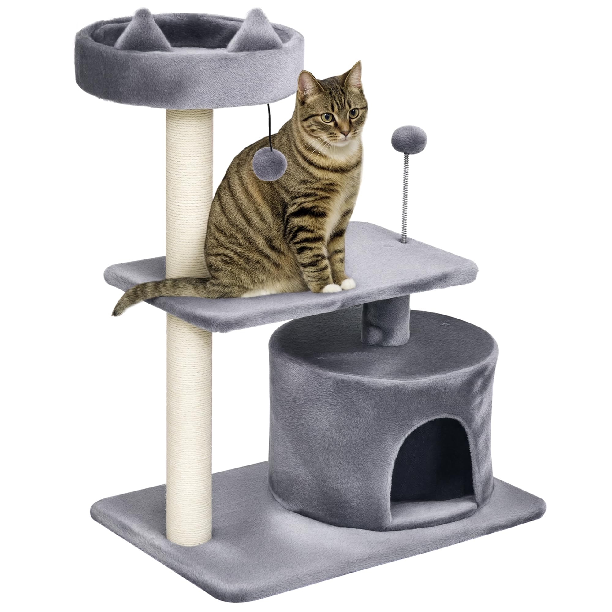 PawHut Cat Tree for Indoor Cats with Scratching Post Climbing Tower Kitty Activity Center Condo Perch Jumping Platforms Grey 61L x 41W x 81H cm