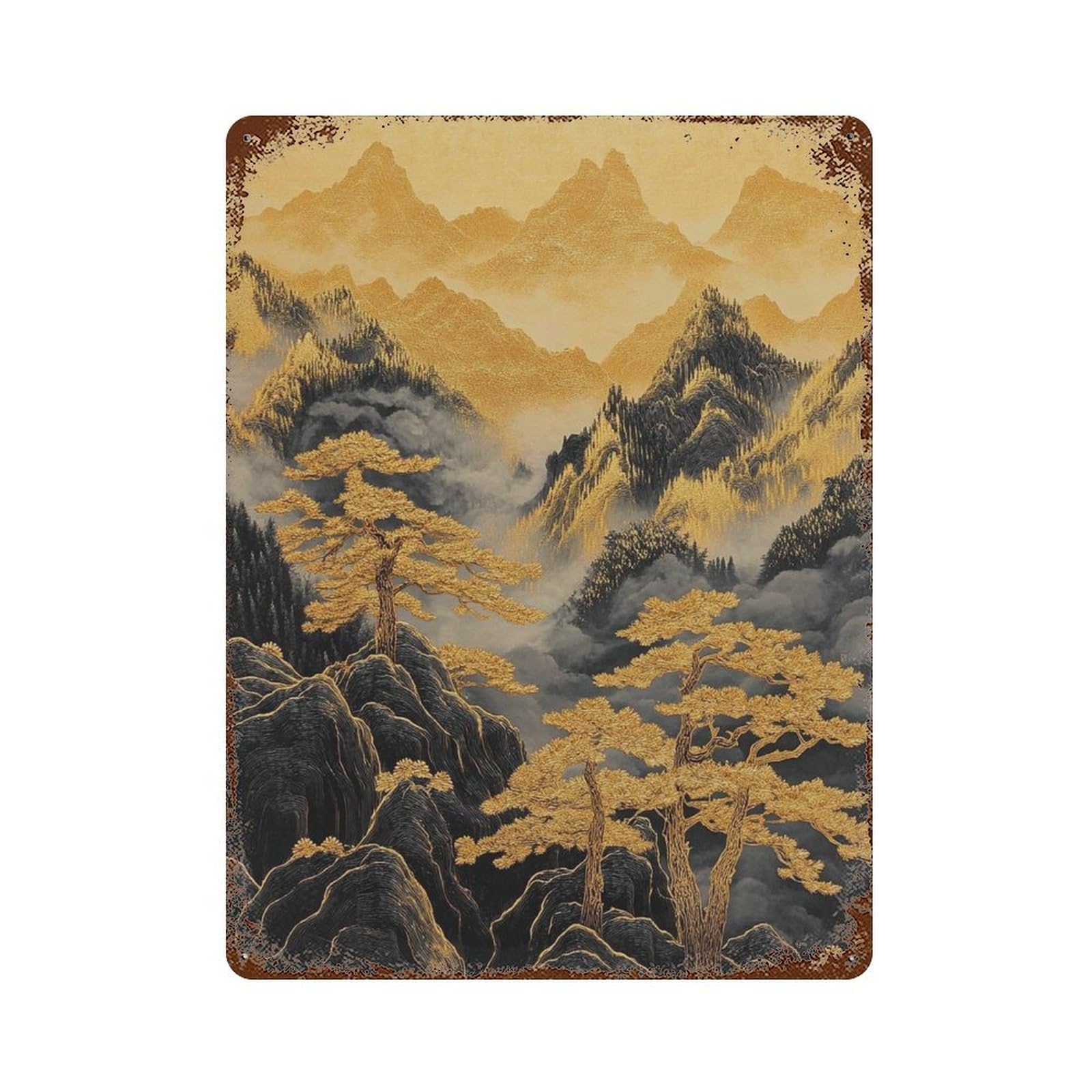 xiaoxiaoshen Japanese Gold Mountain Black Asian Landscape Pine Trees Nature Vertical Ink Styl Wall Decor Art Metal Tin Poster Modern Home Decor Art Home Bar Shop Decorations Vintage Sign 40x30cm