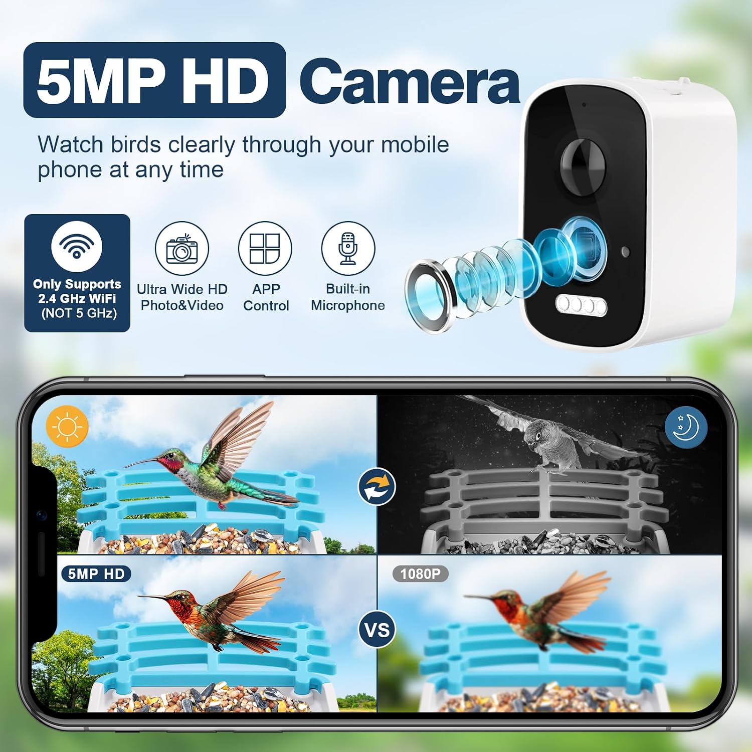 Bird Feeder with Camera, AI Identify Birds Species 2.5K HD Auto Capture, Smart Bird House with Cam, Video Camera Birdfeeder Solar Powered