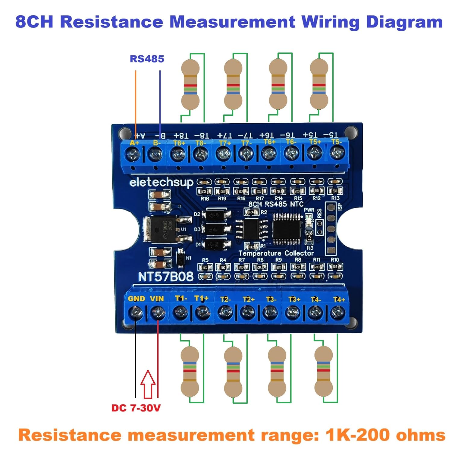 8-Channel Temperature Resistance Acquisition Board, Modbus RTU RS485, NTC Thermistor Sensors, NT57B08, -20°C to 125°C Range, DC 7-25V, for IoT Farm Industrial Automation (with DIN Case)