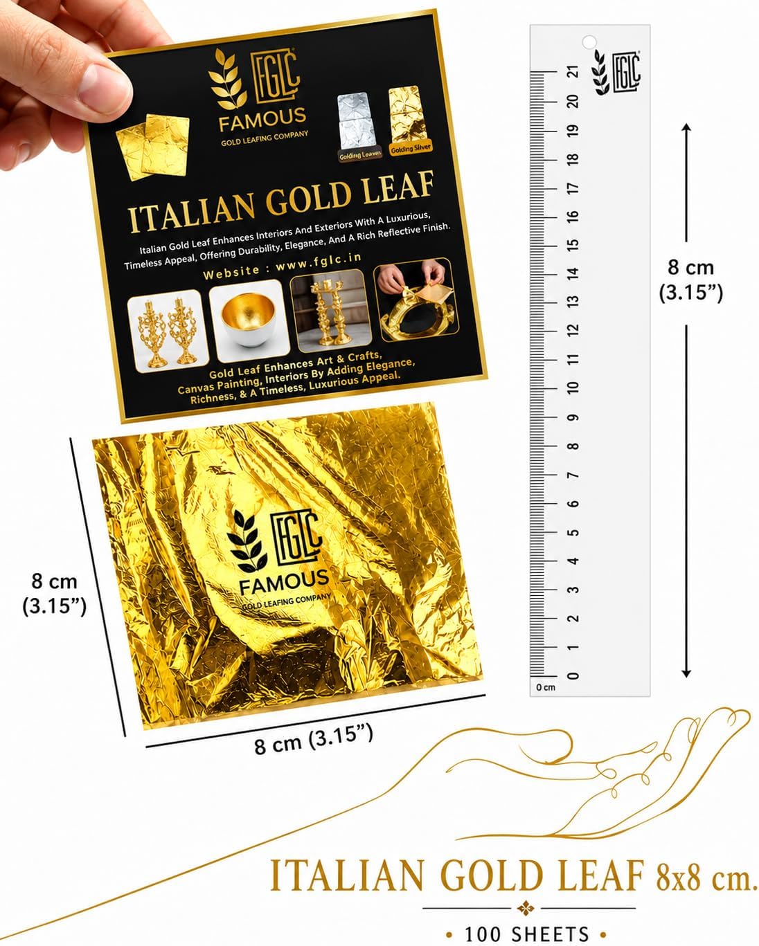 100 Sheets Imitation Gold Leaf for Arts, Multipurpose Gold Foil Paper Gilding Crafting, Painting, Decoration, Furniture, Jewellery Making Resin Arts 8x8 cm