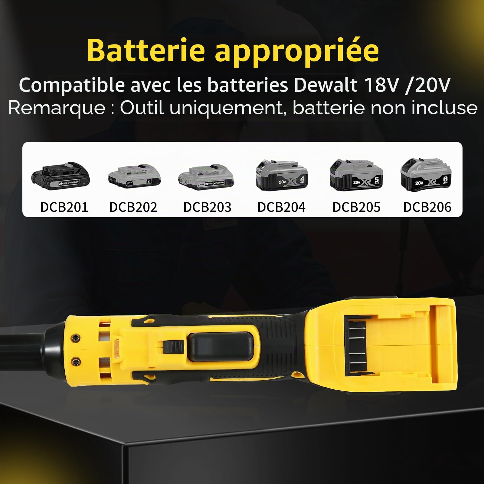 Clé à cliquet électrique sans fil étendue de 3/8" compatible avec batterie Dewalt 18 V 20 V, clé à cliquet 320 tr/min 80 N.m avec tête de 15,2 cm et lumière LED, avec 8 douilles et adaptateur 6,35 mm